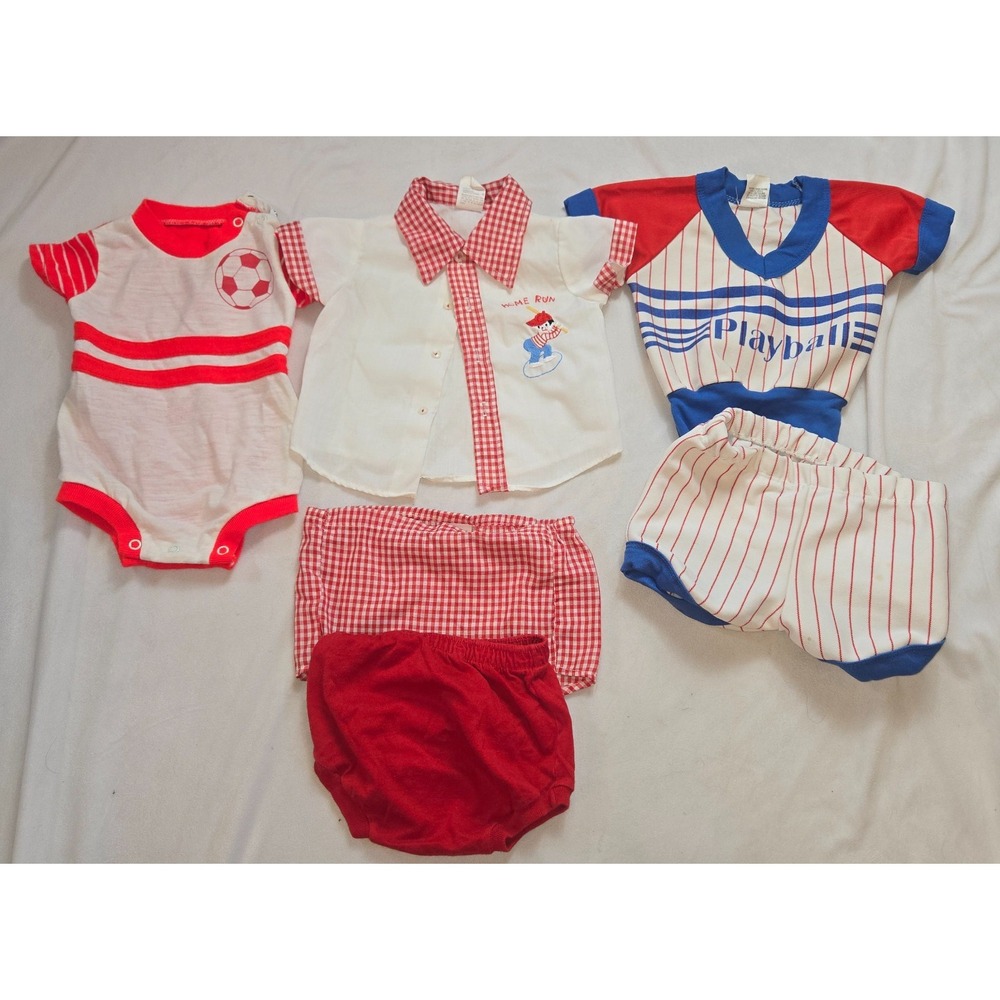 Vintage Baby Boy Infant Sports Theme Outfits 6-12 M Soccer Baseball Top Shorts